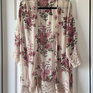 Floral Kimono with Lace Trim
